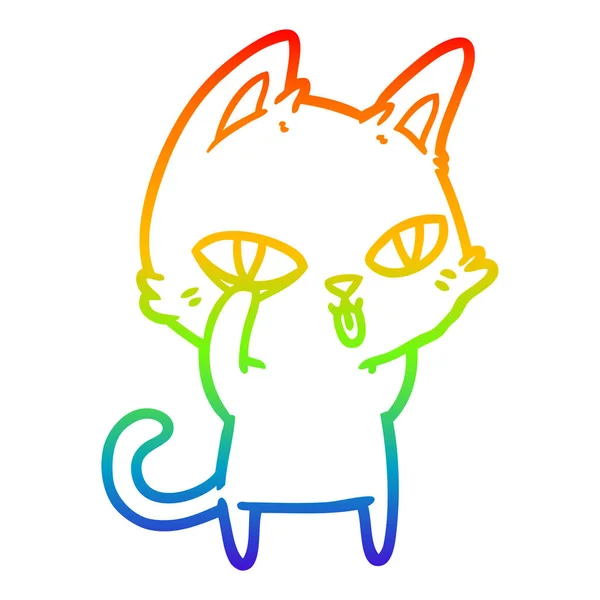 Rainbow gradient linje ritning tecknad katt stirrar — Stock vektor