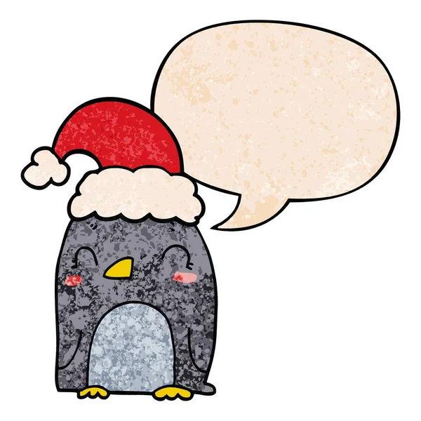 Милый пингвин Рождества и речевой пузырь в стиле ретро текстуры — стоковый вектор