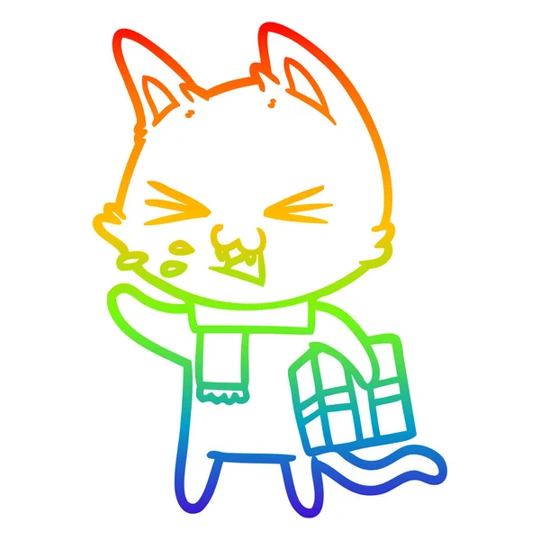 Rainbow Gradient Line Zeichnung Cartoon fauchende Katze mit Weihnachten — Stockvektor