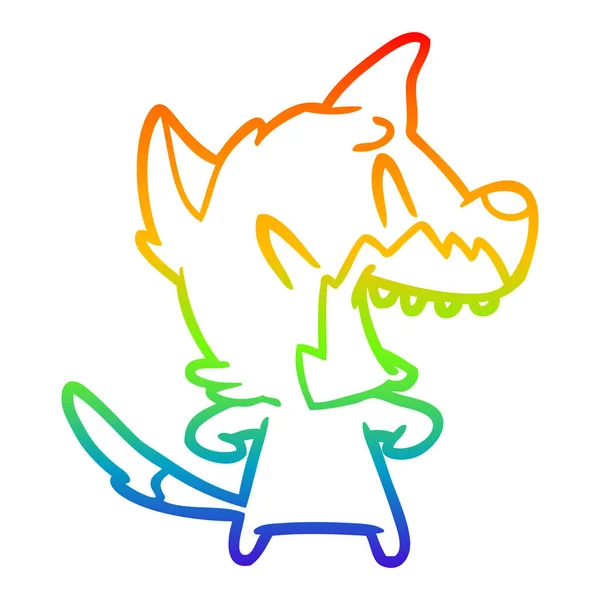 Rainbow gradient line drawing laughing fox cartoon — Stock Vector