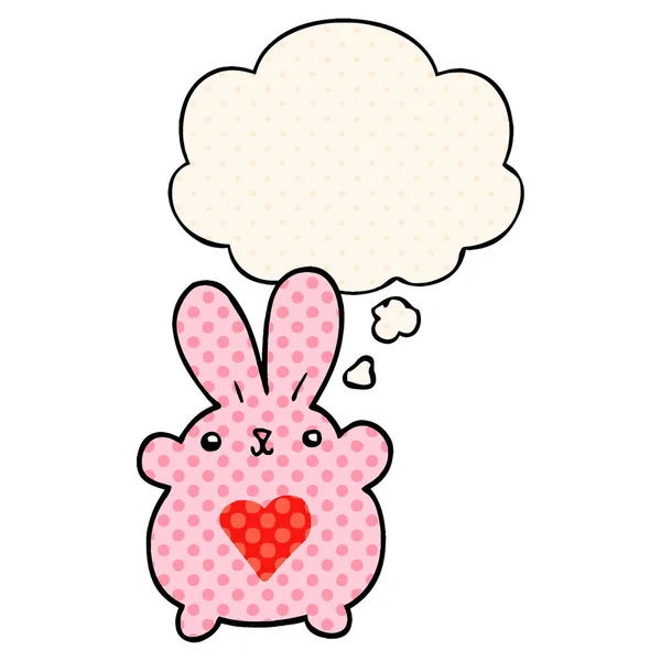 Cute cartoon rabbit with love heart and thought bubble in comic — Stock Vector