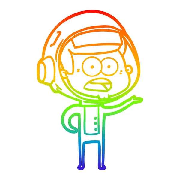 Línea de gradiente arco iris dibujo dibujos animados astronauta sorprendido — Vector de stock