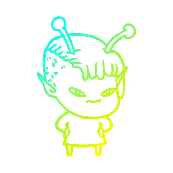 Cold gradient line drawing cute cartoon alien girl — стоковый вектор