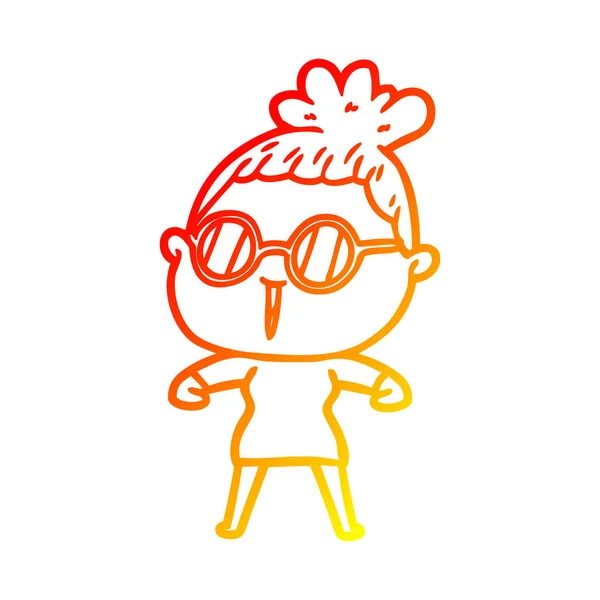 Caldo gradiente linea disegno cartone animato donna indossare occhiali — Vettoriale Stock