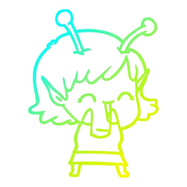 Kall gradient linje ritning tecknad Alien Girl Laughing — Stock vektor