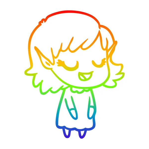 Linea gradiente arcobaleno disegno felice ragazza elfo cartone animato — Vettoriale Stock