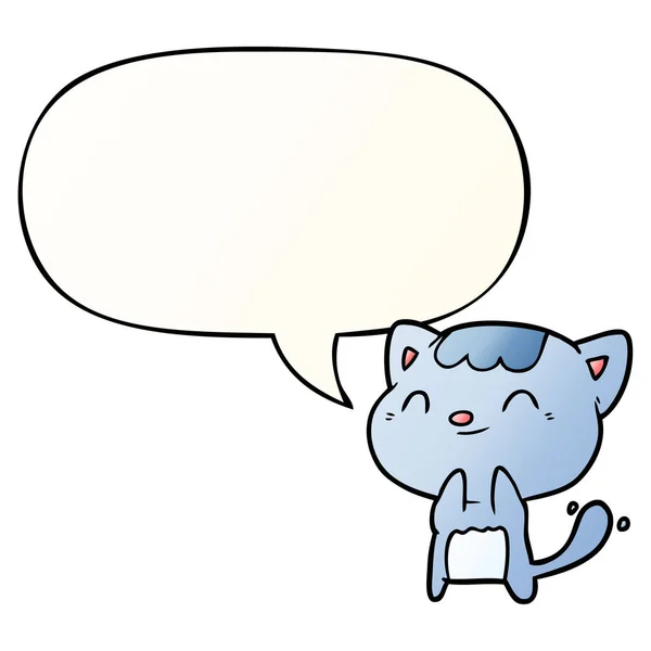 Carino cartone animato felice piccolo gatto e discorso bolla in gradie liscio — Vettoriale Stock