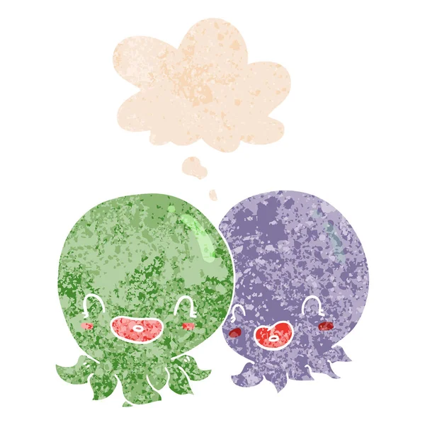 Dos dibujos animados octopi y burbuja de pensamiento en estilo texturizado retro — Vector de stock