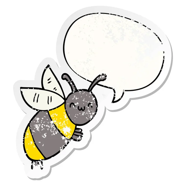 Sevimli karikatür arı ve konuşma balonu sıkıntılı etiket — Stok Vektör