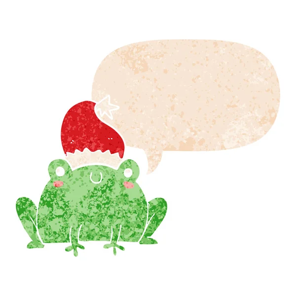 Carino cartone animato Natale rana e la bolla discorso in retrò strutturato — Vettoriale Stock
