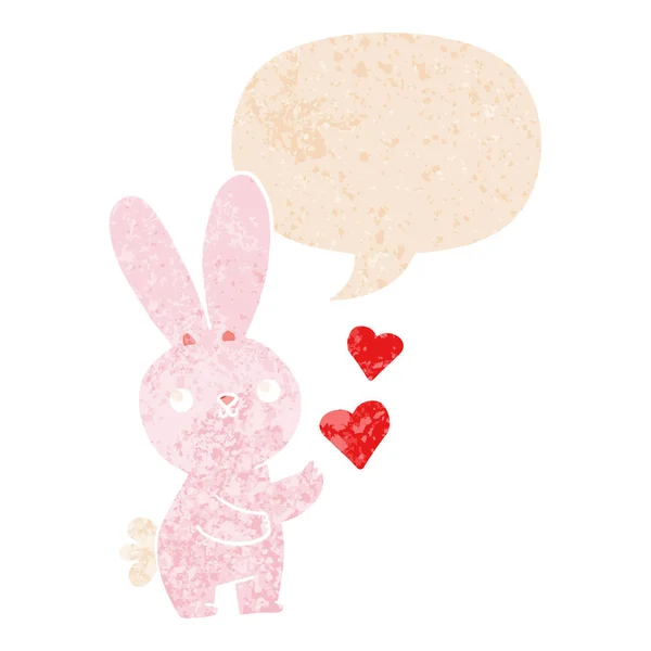 Söt tecknad kanin med kärlek hjärtan och pratbubbla i retro — Stock vektor