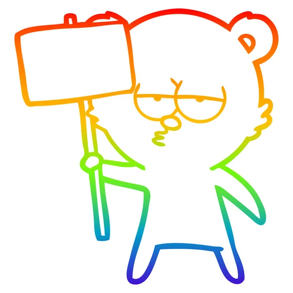 Línea de gradiente arco iris dibujo aburrido oso polar de dibujos animados con signo — Vector de stock