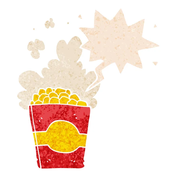 Pop-corn dessin animé et bulle de la parole dans un style texturé rétro — Image vectorielle