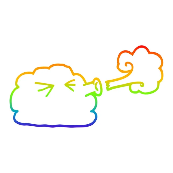 Rainbow gradient line drawing cartoon cloud blowing a gale — Stock Vector