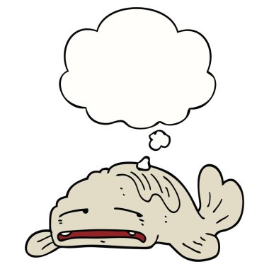 karikatür üzgün eski balık ve düşünce balonu