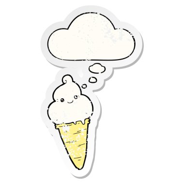 karikatür dondurma ve sıkıntılı yıpranmış sticke olarak kabarcık düşünce