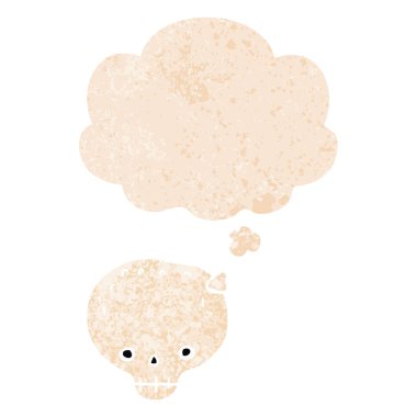 retro dokulu tarzda karikatür kafatası ve düşünce balonu