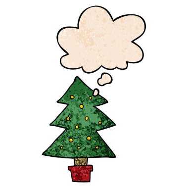 karikatür noel ağacı ve grunge doku patt düşünce balonu
