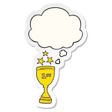 karikatür spor kupa ve baskılı bir etiket olarak kabarcık düşünce