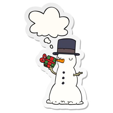 karikatür kardan adam ve baskılı bir etiket olarak kabarcık düşünce