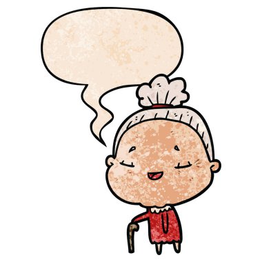 karikatür yaşlı kadın ve retro t yürüyüş çubuğu ve konuşma balonu
