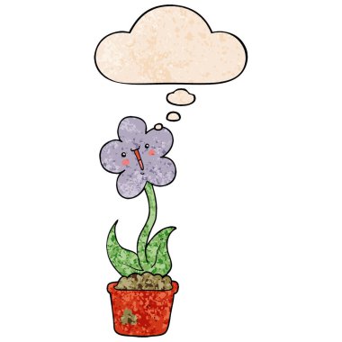 sevimli karikatür çiçek ve grunge doku desen düşünce balonu