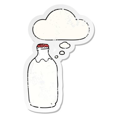 karikatür süt şişesi ve sıkıntılı yıpranmış stic olarak kabarcık düşünce