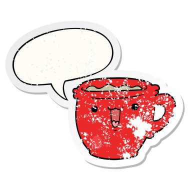 sevimli karikatür kahve fincanı ve konuşma balonu sıkıntılı etiket