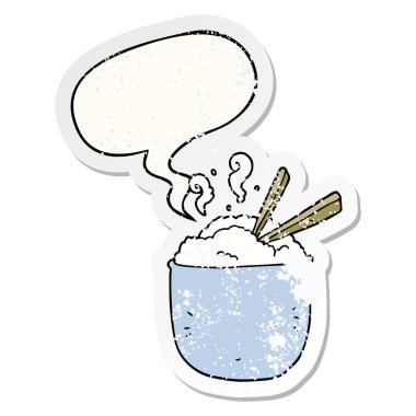 pirinç ve konuşma balonu sıkıntılı etiket karikatür kase