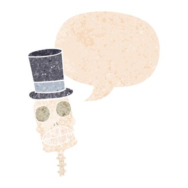 retro dokulu tarzda karikatür ürkütücü kafatası ve konuşma balonu