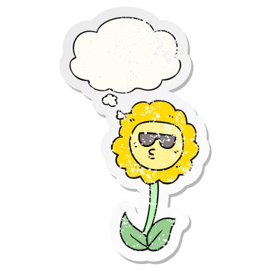 karikatür çiçek ve sıkıntılı yıpranmış etiket olarak kabarcık düşünce