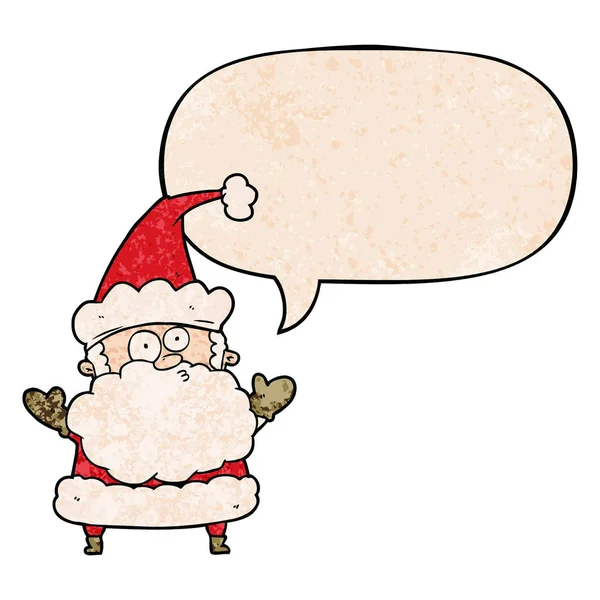 Cartoon confused santa claus shurgging shoulders and speech bubb — Stock Vector