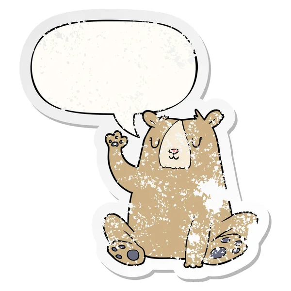 Cartoon bear;waving and speech bubble distressed sticker — Stock Vector