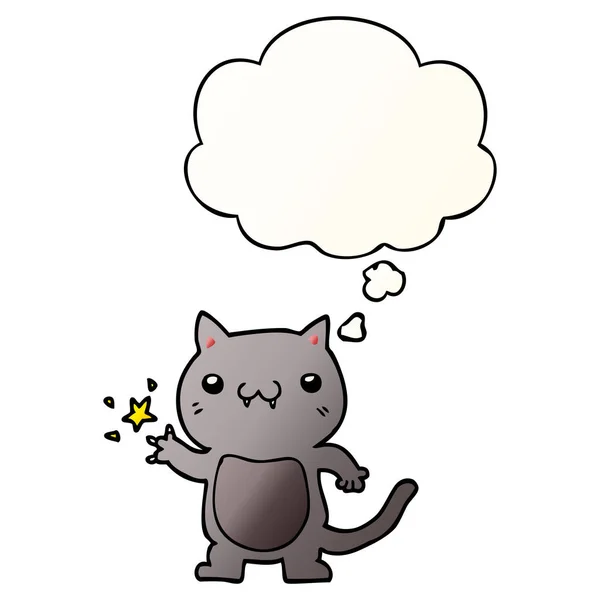 Desenho animado gato coçar e pensamento bolha no gradiente suave pocilga — Vetor de Stock