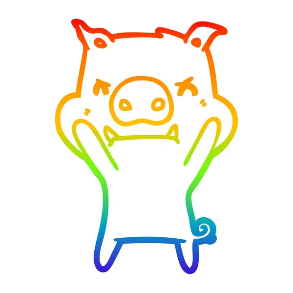 Regenbogen-Gradienten-Linie zeichnet wütendes Cartoon-Schwein — Stockvektor