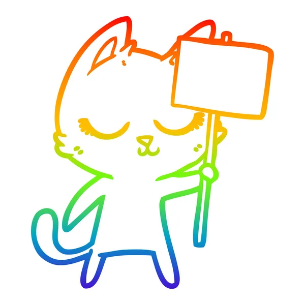 Arco iris gradiente línea dibujo tranquilo dibujos animados gato con pancarta — Archivo Imágenes Vectoriales