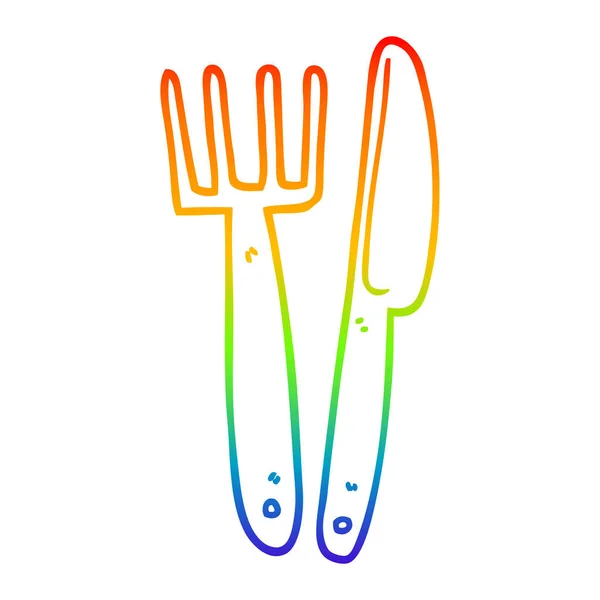 Rainbow Gradient Line Zeichnung Cartoon Kunststoff Messer und Gabel — Stockvektor