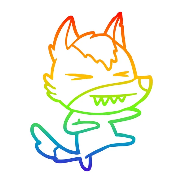 Linha gradiente arco-íris desenhando desenhos animados lobo irritado — Vetor de Stock