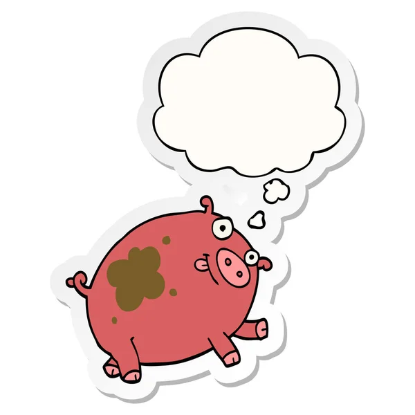 Tecknad gris och tankebubbla som en tryckt klistermärke — Stock vektor