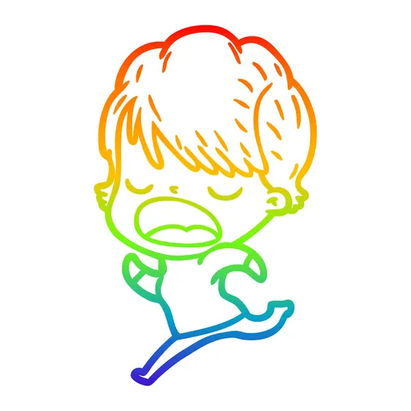 Regenboog gradiënt lijntekening cartoon vrouw praten — Stockvector