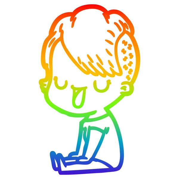 Arco iris gradiente línea dibujo lindo dibujos animados chica con hipster hai — Vector de stock