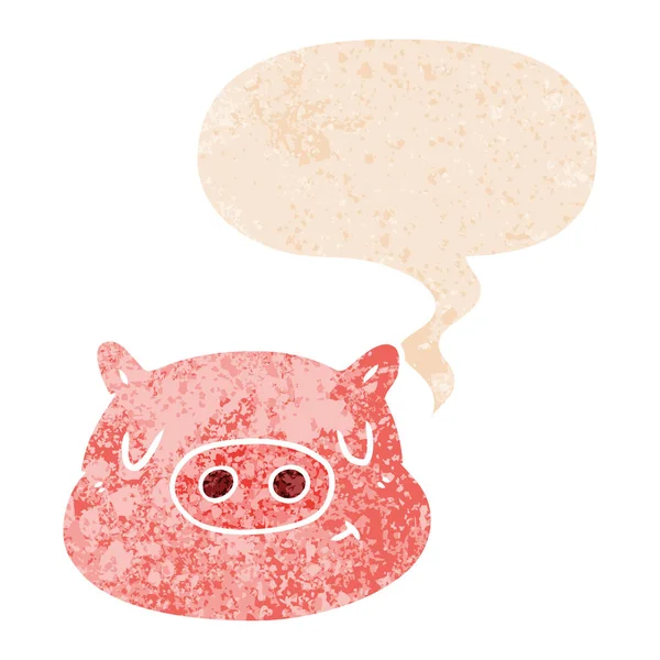 Cartoon pig face and speech bubble in retro textured style — Stock Vector