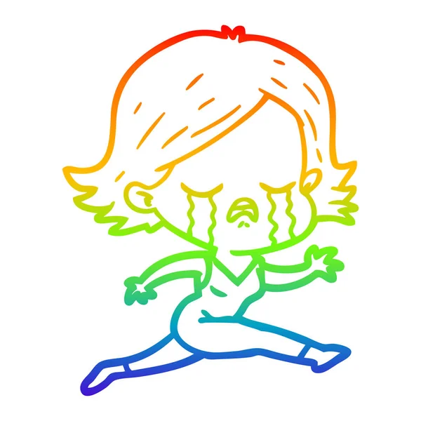 Rainbow gradient line drawing cartoon girl crying whilst running — Stock Vector