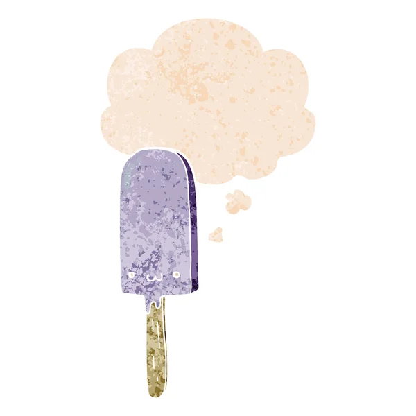 Cartoon Ice lolly och tänkte bubbla i retro texturerat stil — Stock vektor