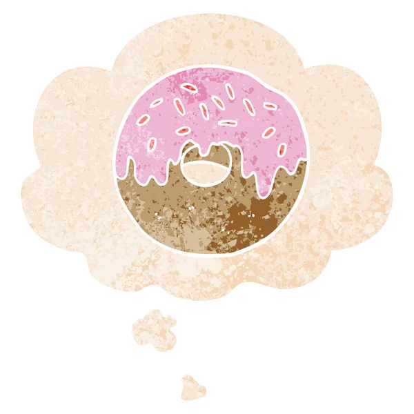 Donut de desenhos animados e bolha de pensamento em estilo retro texturizado —  Vetores de Stock