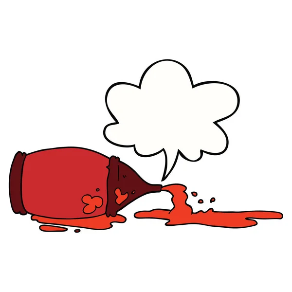 Botella de ketchup derramada de dibujos animados y burbuja del habla — Vector de stock