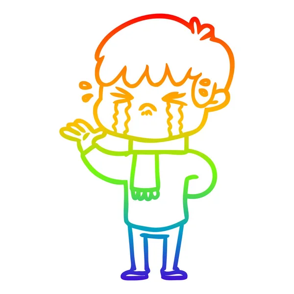 Rainbow gradient line drawing cartoon boy crying — Stock Vector