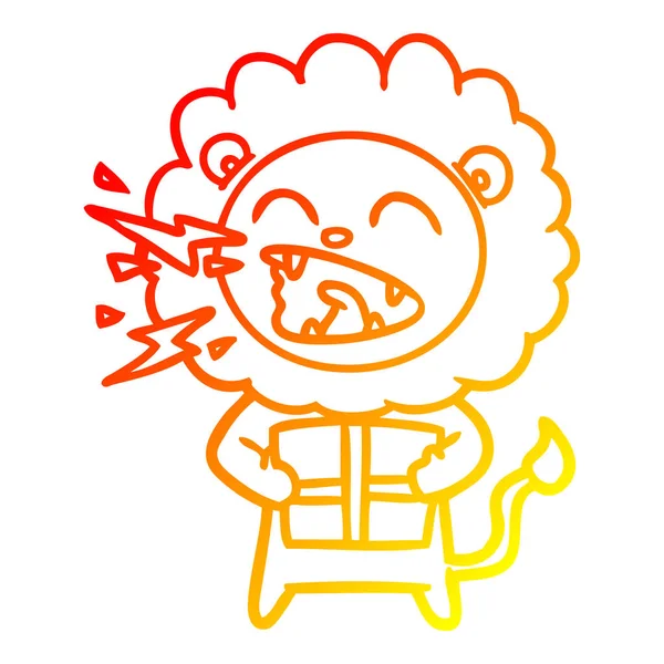Warme kleurovergang lijntekening cartoon Roaring Lion met cadeau — Stockvector