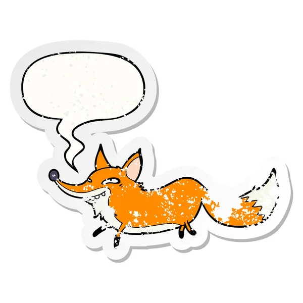 Leuke cartoon sluwe Fox en toespraak bubble noodlijdende sticker — Stockvector