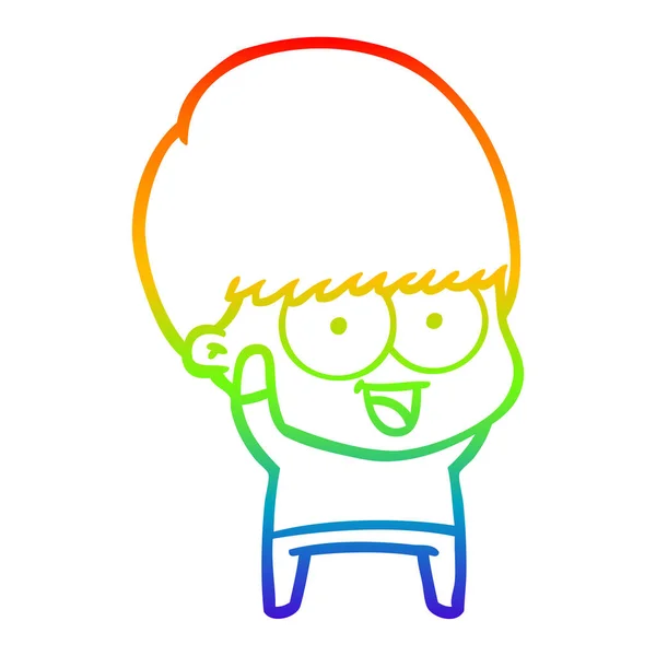 Linea gradiente arcobaleno disegno felice cartone animato ragazzo agitando — Vettoriale Stock